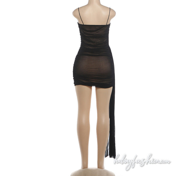 Irregular ruched lace hem spaghetti strap mini dress - Halibuy - 4