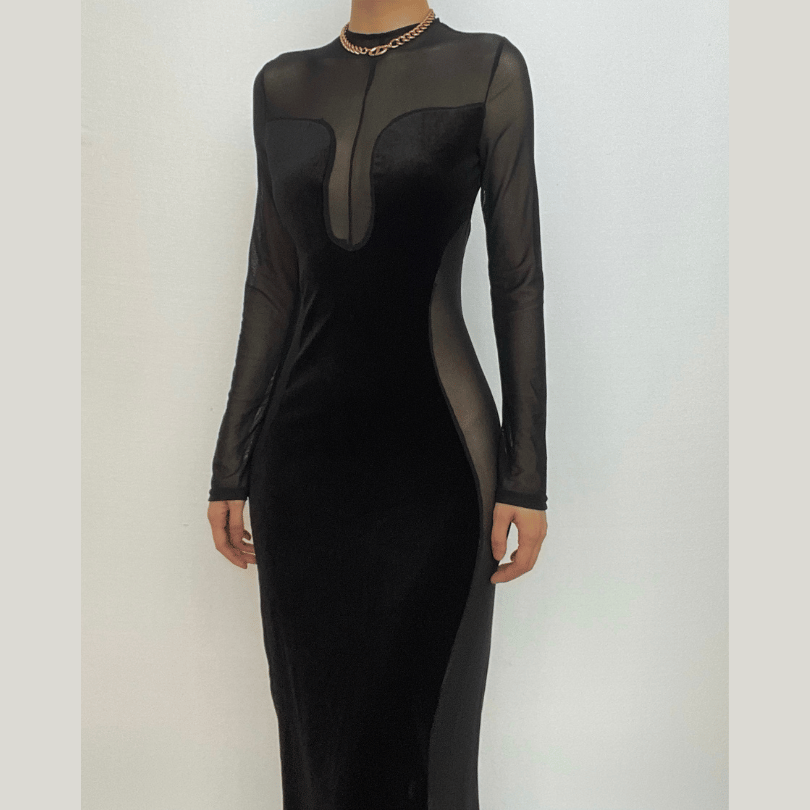 Long sleeve velvet mesh solid zip-up maxi dress-final-sale  | Festival Outfits Women