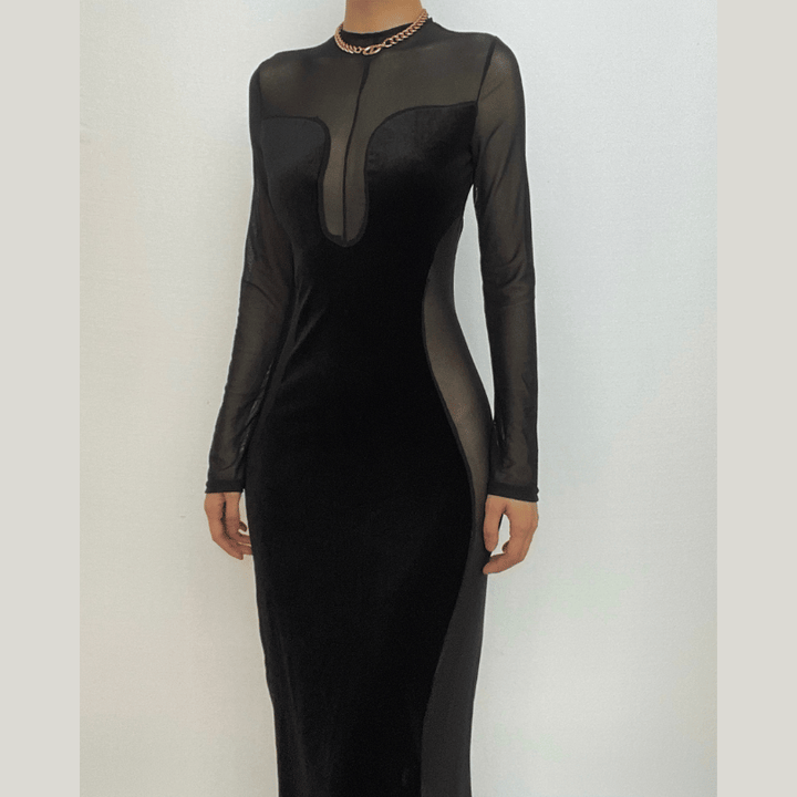 Long sleeve velvet mesh solid zip-up maxi dress-final-sale  | Festival Outfits Women