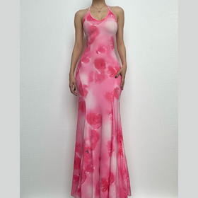 Halter rose print u neck backless self tie maxi dress  | Festival Outfits Women