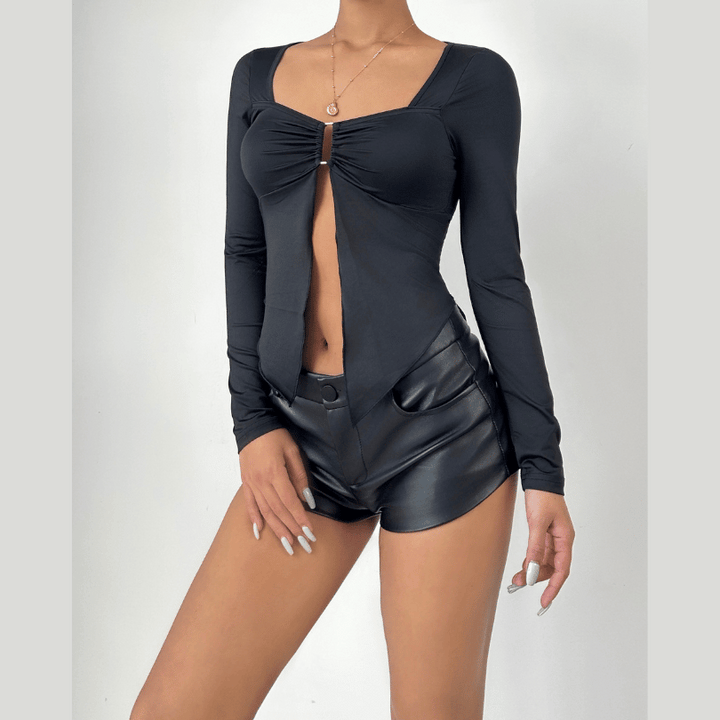 Long sleeve v neck ruched hollow out cut out top  | Festival Outfits Women-final-sale