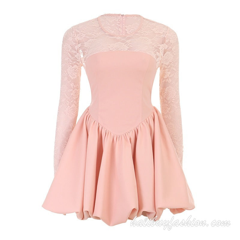 Long sleeve lace corset solid lace up mini dress - Halibuy - 20