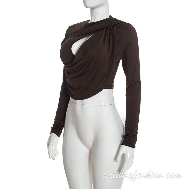 Long sleeve solid hollow out ruched knitted pant set - Halibuy - 20