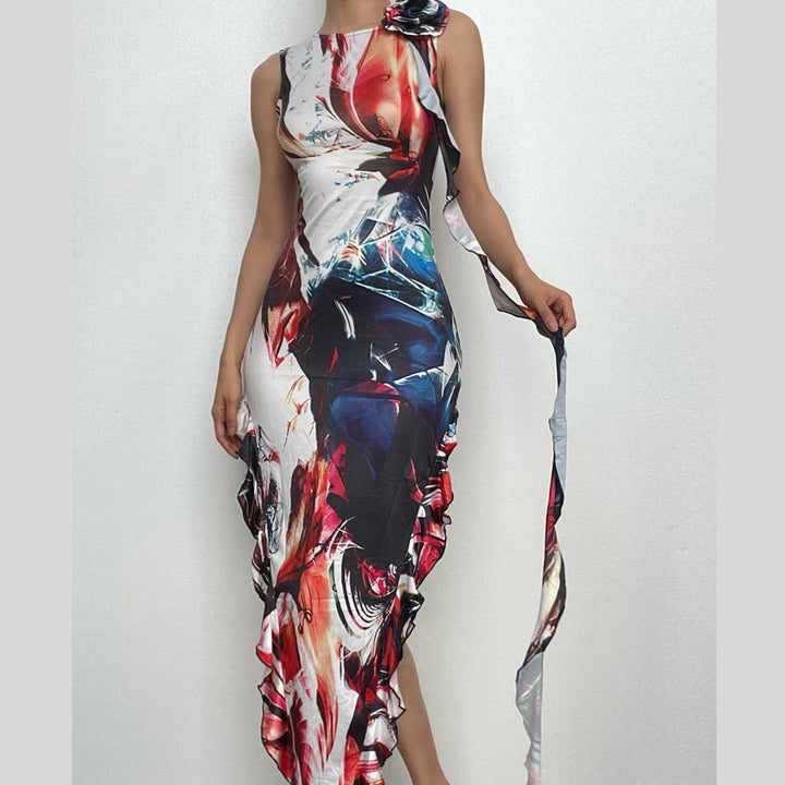 Ribbon sleeveless flower applique contrast print maxi dress-final-sale  | Festival Outfits Women