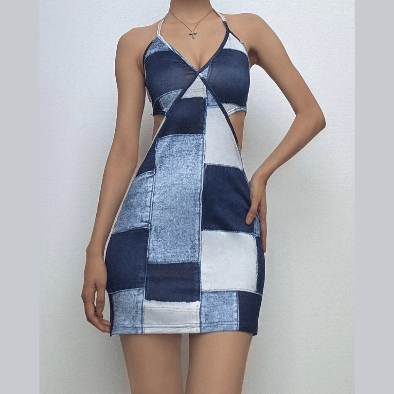 Riga mai kama da na Halter patchwork denim hollow out cut out mini dress | Kayan Biki na Mata