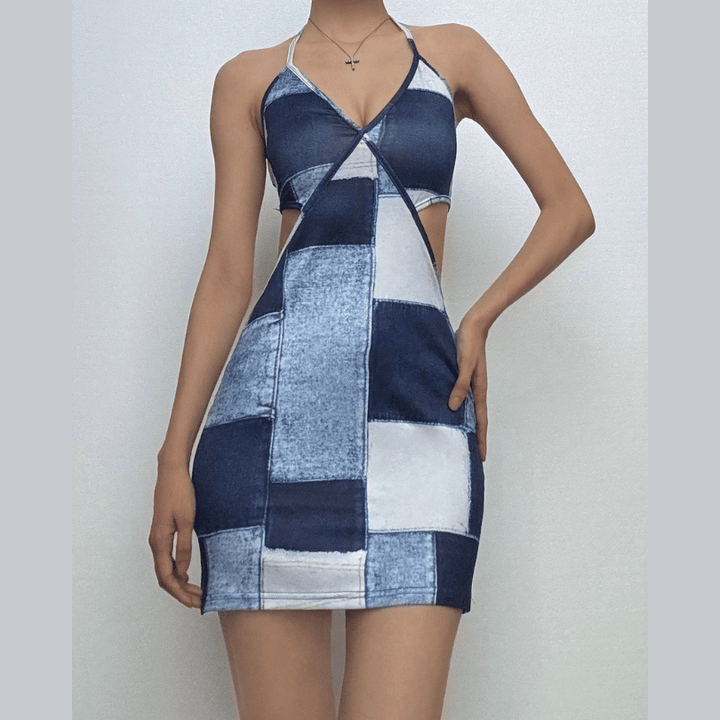 Riga mai kama da na Halter patchwork denim hollow out cut out mini dress | Kayan Biki na Mata