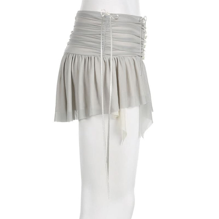 Mesh patchwork ruffle button contrast backless cami ruched skirt set-final-sale