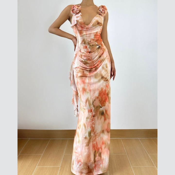 Cowl neck flower applique print halter maxi dress  | Festival Outfits Women
