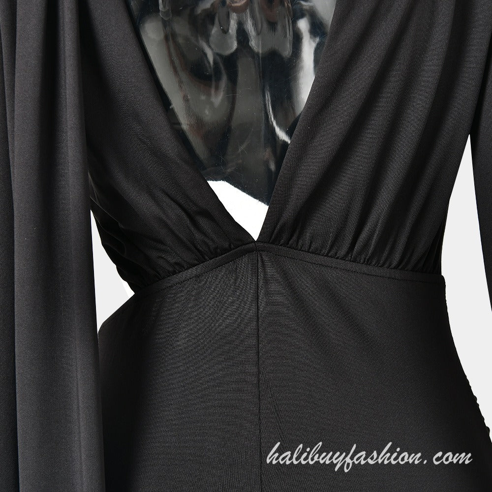 One shoulder long sleeve backless cut out high slit solid maxi dress - Halibuy - 20