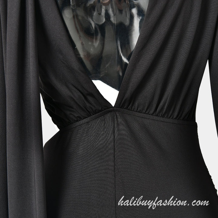 One shoulder long sleeve backless cut out high slit solid maxi dress - Halibuy - 20