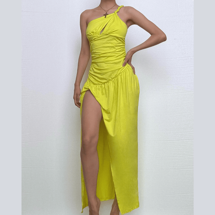 One shoulder slit ruched hollow out cut out midi dress-final-sale  | Festival Outfits Women