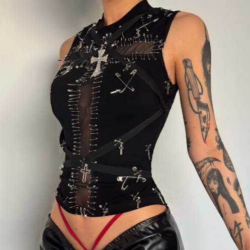 Crewneck sleeveless cross applique top  | Festival Outfits Women
