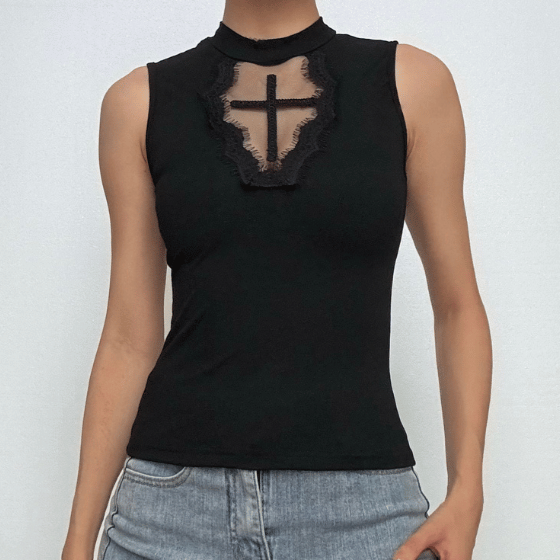 Sleeveless crewneck cross pattern solid top  | Festival Outfits Women