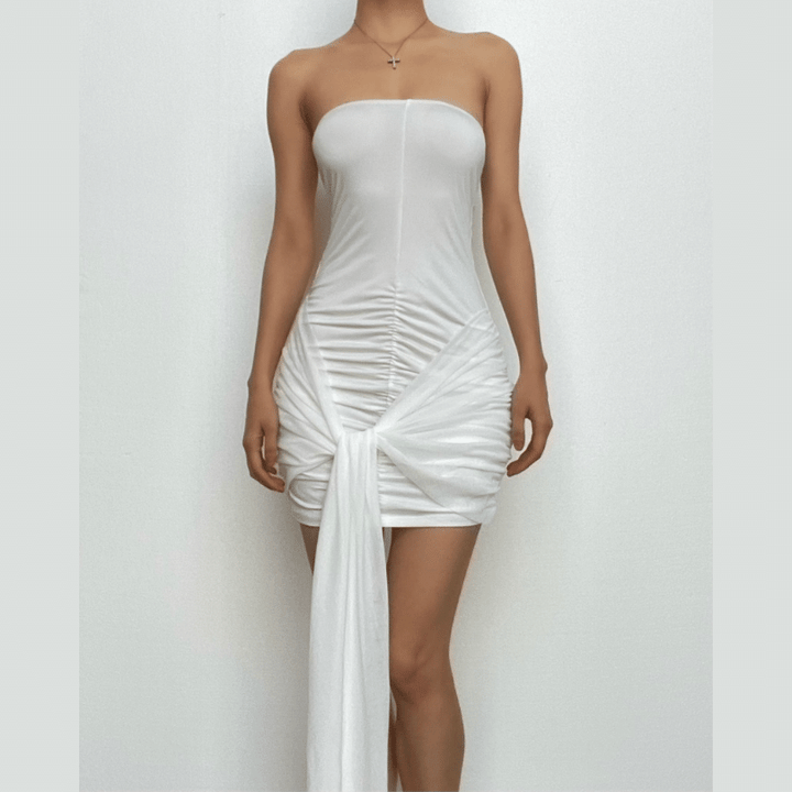 Backless ruched mesh self tie solid tube mini dress