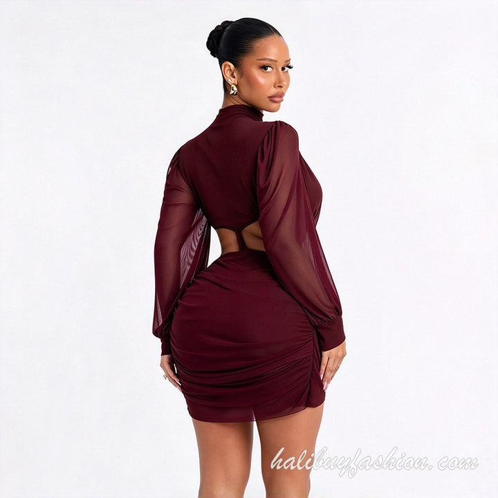 Long sleeve high neck cut out knotted solid ruched mini dress - Halibuy - 20