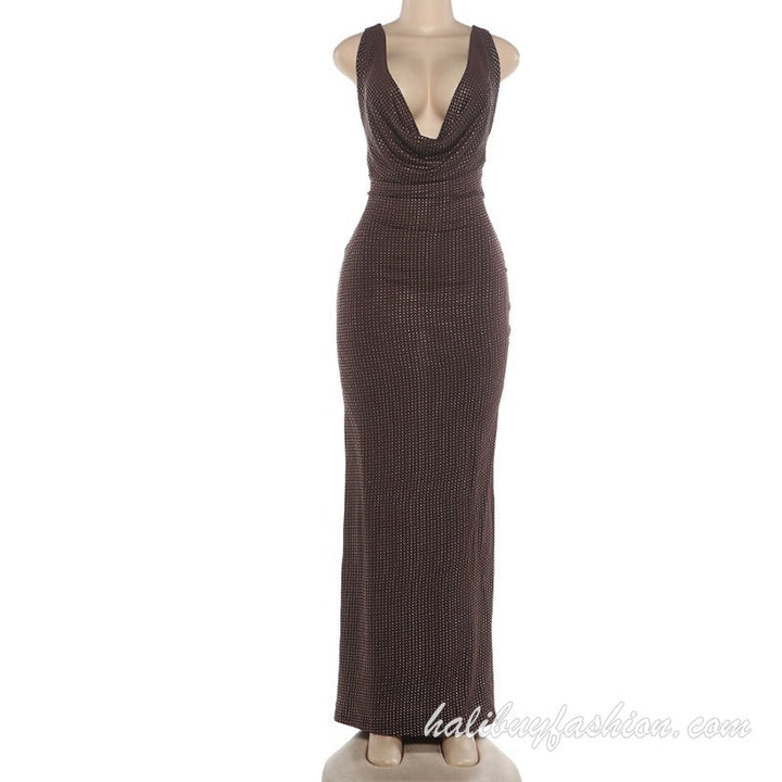 Glitter backless deep v neck cowl neck sleeveless maxi dress - Halibuy - 20