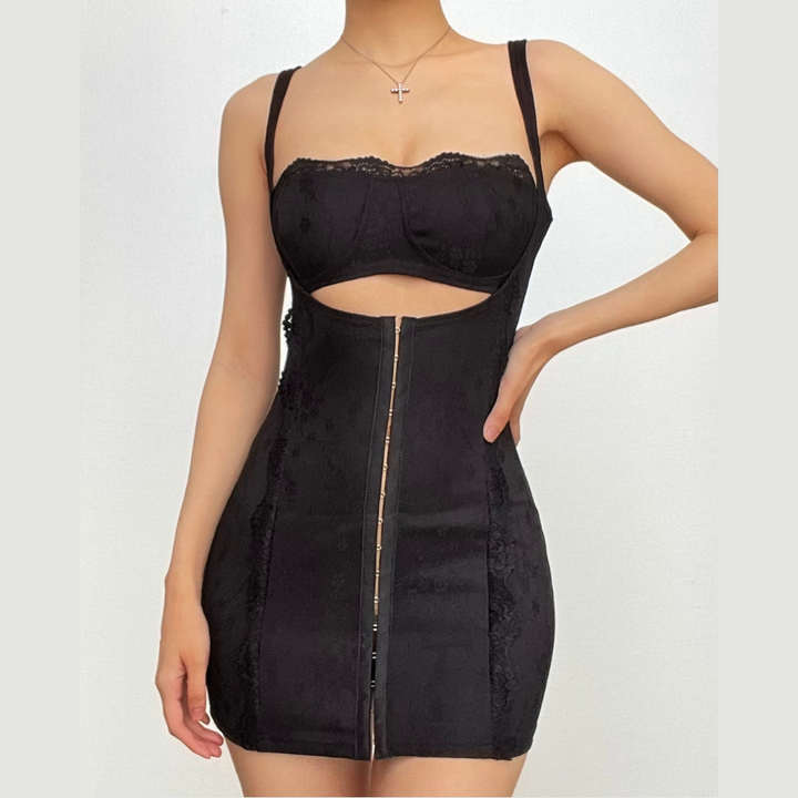 Square neck lace backless hollow out button solid cami cut out mini dress  | Festival Outfits Women