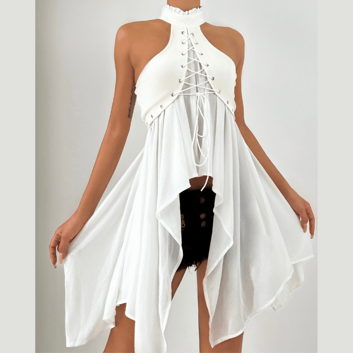 Crewneck lace up ruched solid top  | Festival Outfits Women