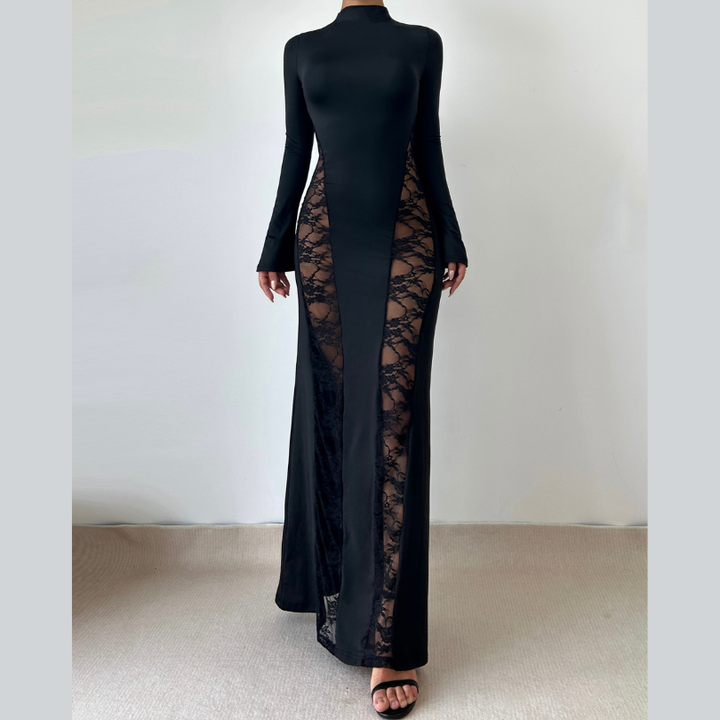 Long sleeve high neck lace patchwork maxi dress-final-sale