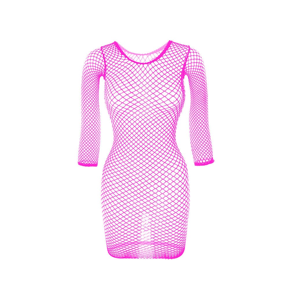Long sleeve crewneck fishnet solid mini dress  | Festival Outfits Women