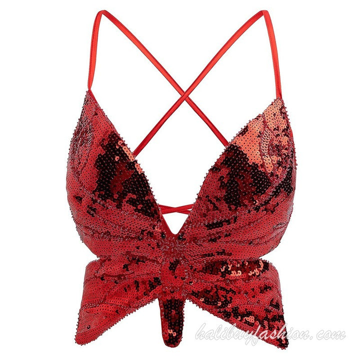 Spaghetti strap sleeveless glitter butterfly pattern deep v neck crop top - Halibuy - 20