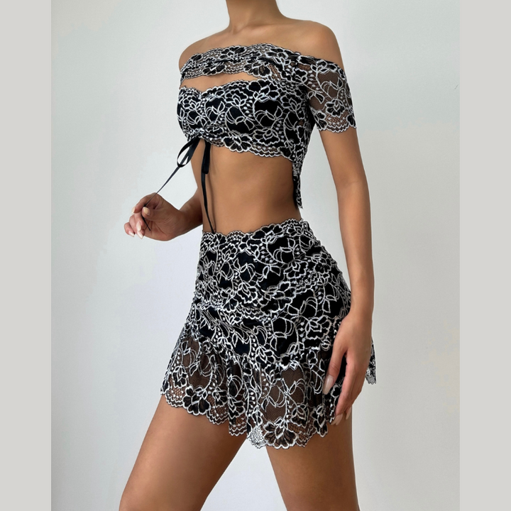 Off shoulder hollow out lace mini skirt set  | Festival Outfits Women-final-sale
