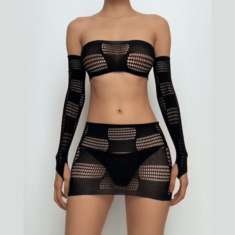 Gloves fishnet patchwork tube mini skirt set  | Festival Outfits Women