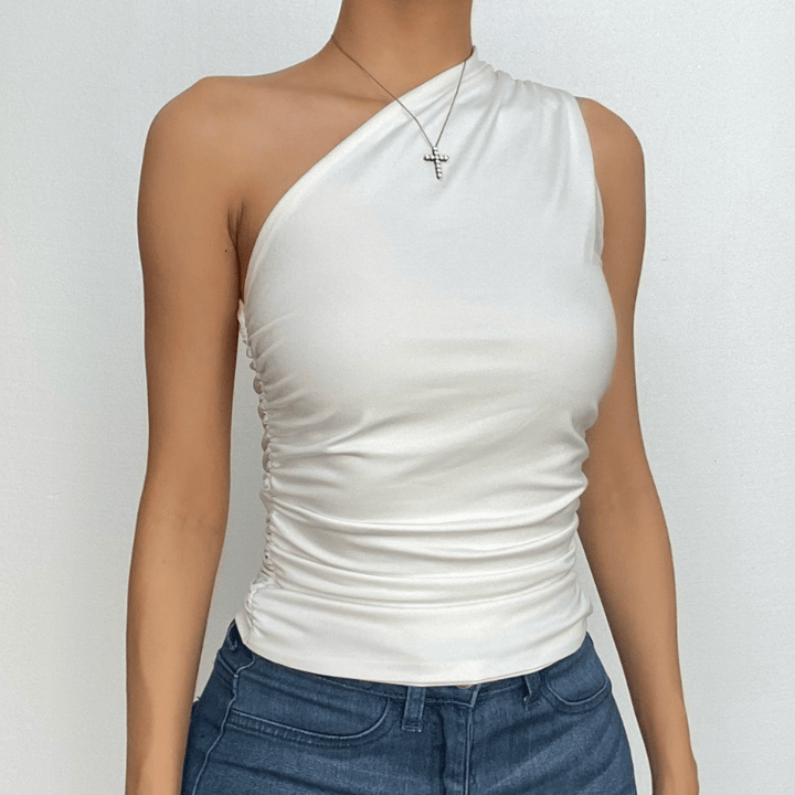 One shoulder solid irregular ruched top  | Festival Outfits Women