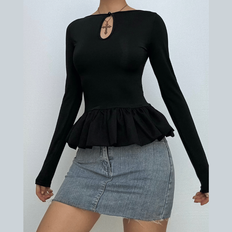 Ruched long sleeve round neck hollow out ruffle cut out top  | Festival Outfits Women