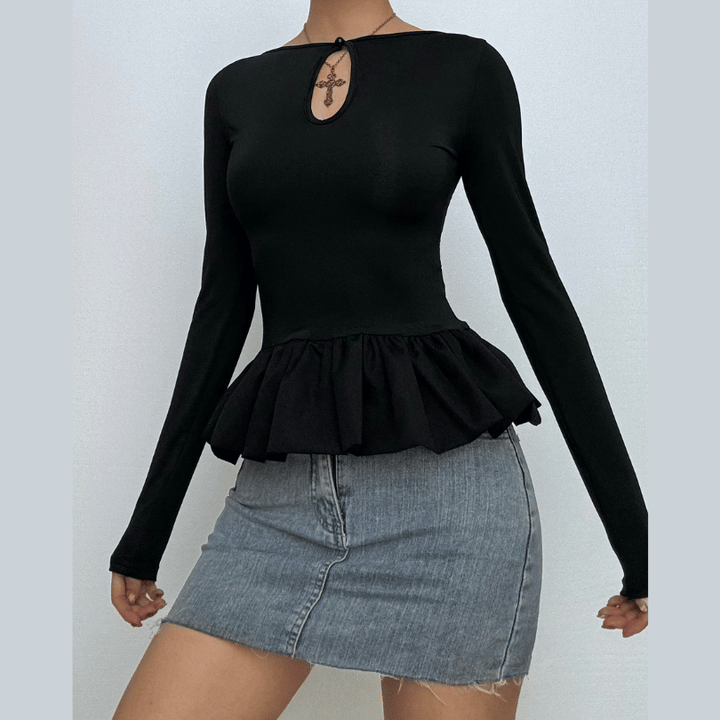 Ruched long sleeve round neck hollow out ruffle cut out top  | Festival Outfits Women