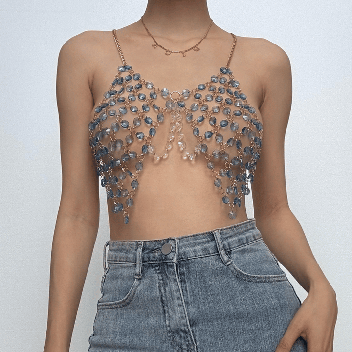 Beaded metal chain u neck backless layered cami top  | Festival Outfits Women
