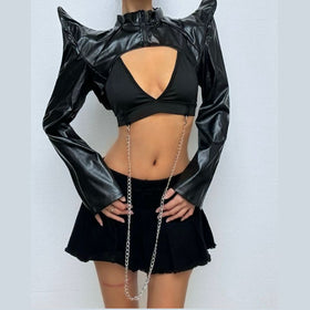 PU leather long sleeve zip-up crop top  | Festival Outfits Women