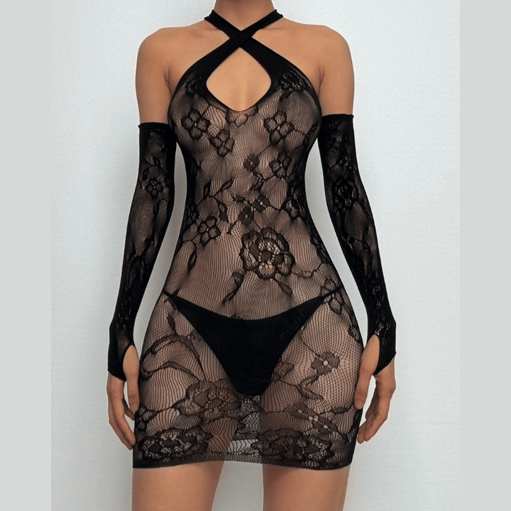 Gloves sheer lace hollow out cross front cut out mini dress  | Festival Outfits Women