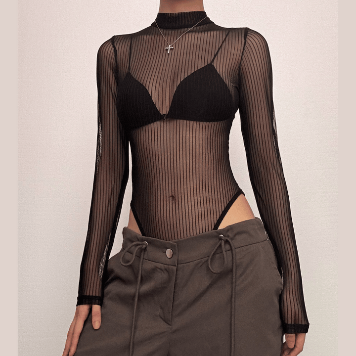 Long sleeve sheer mesh striped bodysuit  | Festival Outfits Women