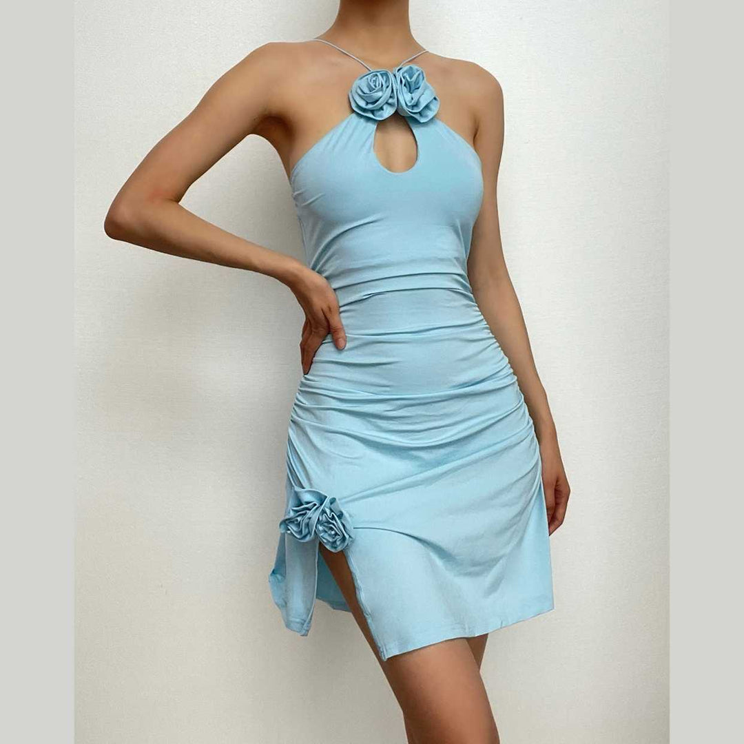 Ruched flower applique hollow out backless slit cut out mini dress-final-sale  | Festival Outfits Women