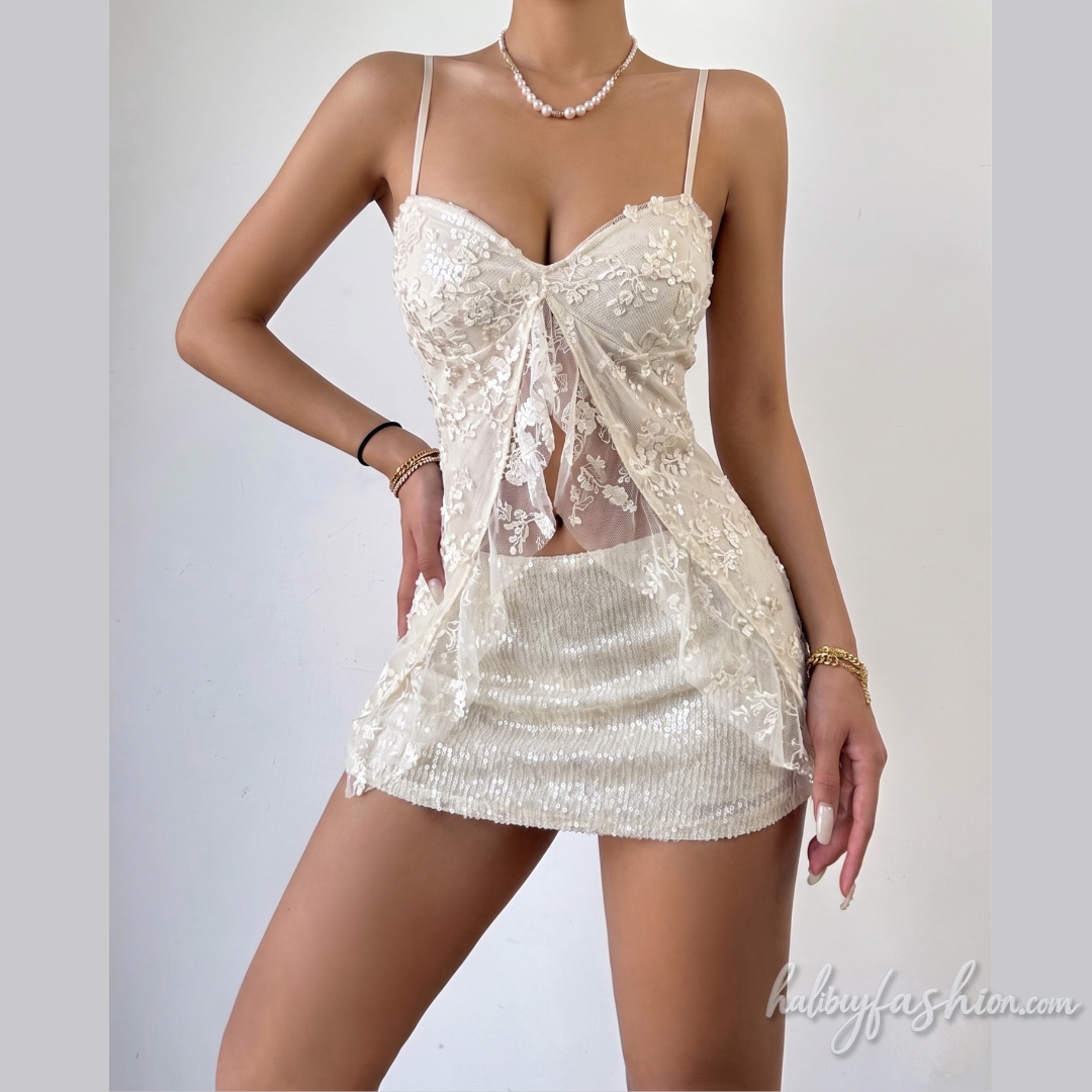 V neck glitter mesh slit backless cami crop top