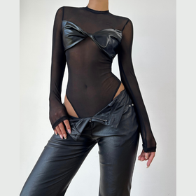 Crewneck long sleeve mesh PU leather bodysuit  | Festival Outfits Women-final-sale