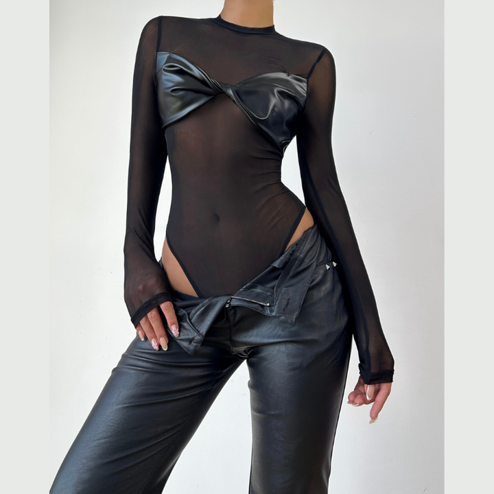 Crewneck long sleeve mesh PU leather bodysuit  | Festival Outfits Women-final-sale