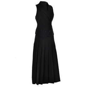 Sleeveless turnover collar button pleated maxi skirt set  | Festival Outfits Women