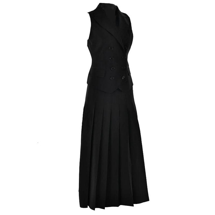Sleeveless turnover collar button pleated maxi skirt set  | Festival Outfits Women