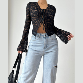 Long sleeve self tie lace crop top  | Festival Outfits Women