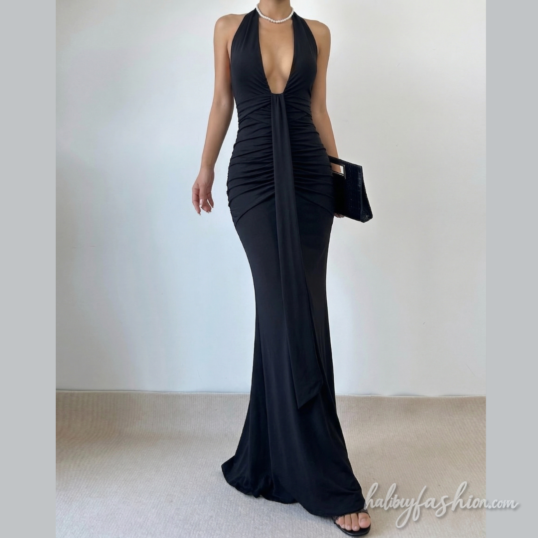 Deep v neck ruched backless maxi dress  | Festival Outfits Women