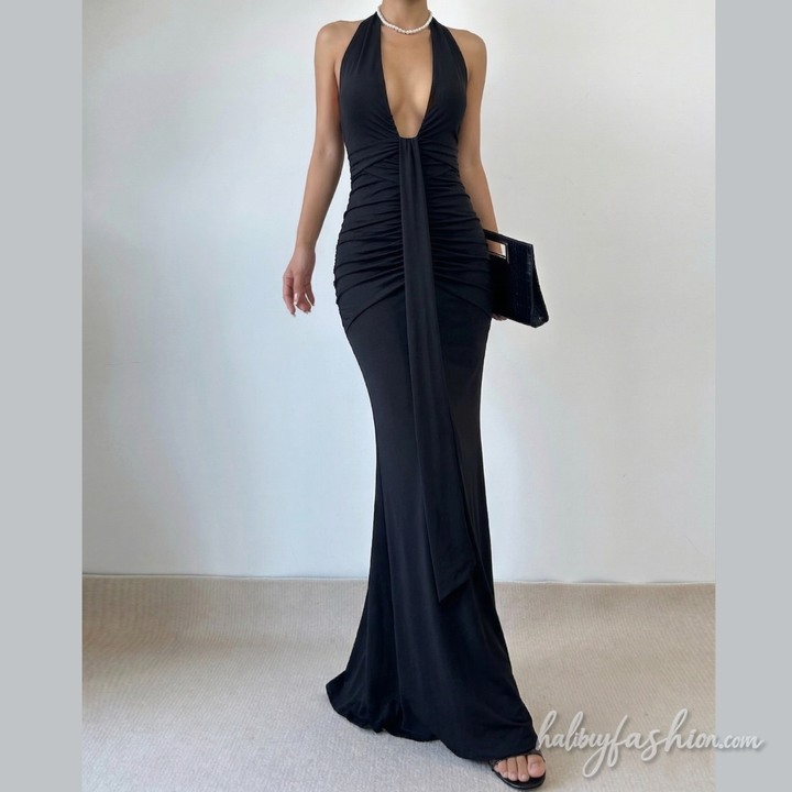 Deep v neck ruched backless maxi dress  | Festival Outfits Women