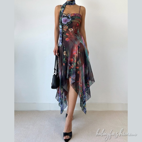 Square neck flower print mesh cami maxi dress
