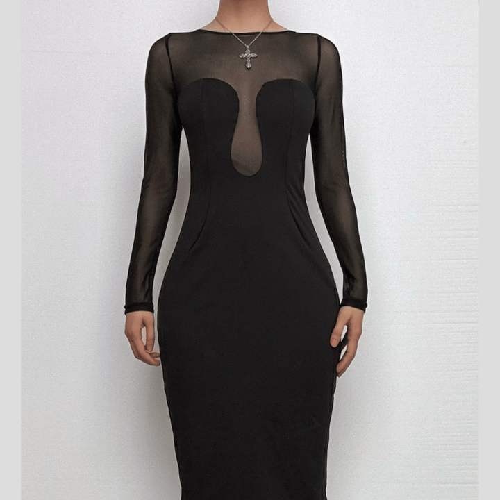 Long sleeve mesh patchwork button midi dress-final-sale  | Festival Outfits Women