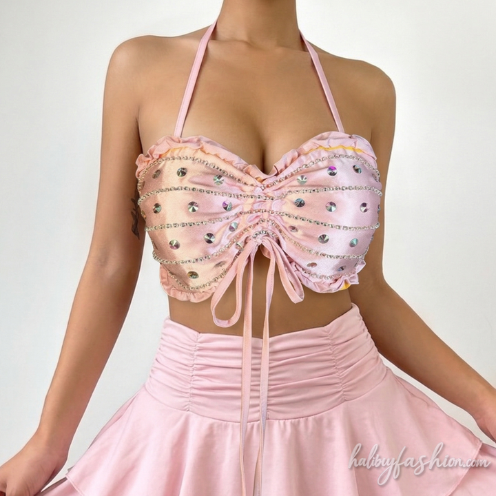 Beaded drawstring ruffle cami top