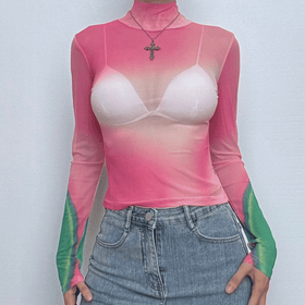 Long sleeve high neck print sheer mesh contrast top  | Festival Outfits Women