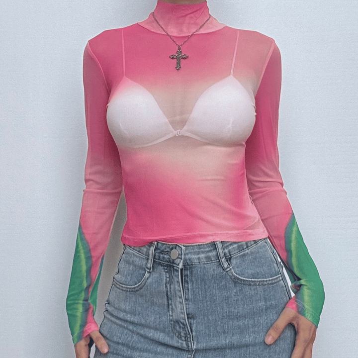Long sleeve high neck print sheer mesh contrast top  | Festival Outfits Women