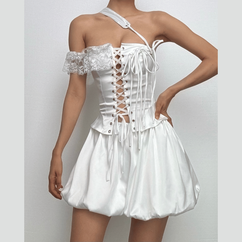 One off shoulder irregular lace up satin ruffle puff skirt set Cargo Mini Skirt  | Festival Outfits Women