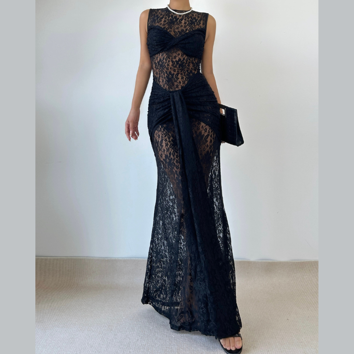 Crewneck sleeveless ruched lace maxi dress  | Festival Outfits Women-final-sale